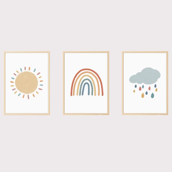 'Rainbow Cloud Sun' Set of 3 Nursery Watercolor Prints UNFRAMED