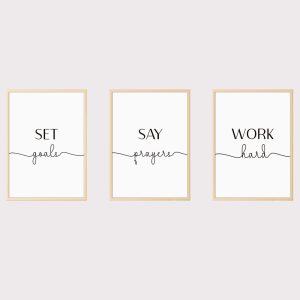 'Set goals Work hard' Set of 3 Wall Art UNFRAMED