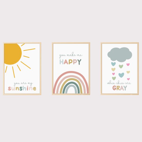 'Sun Rainbow Love Cloud' Set of 3 Nursery Prints UNFRAMED